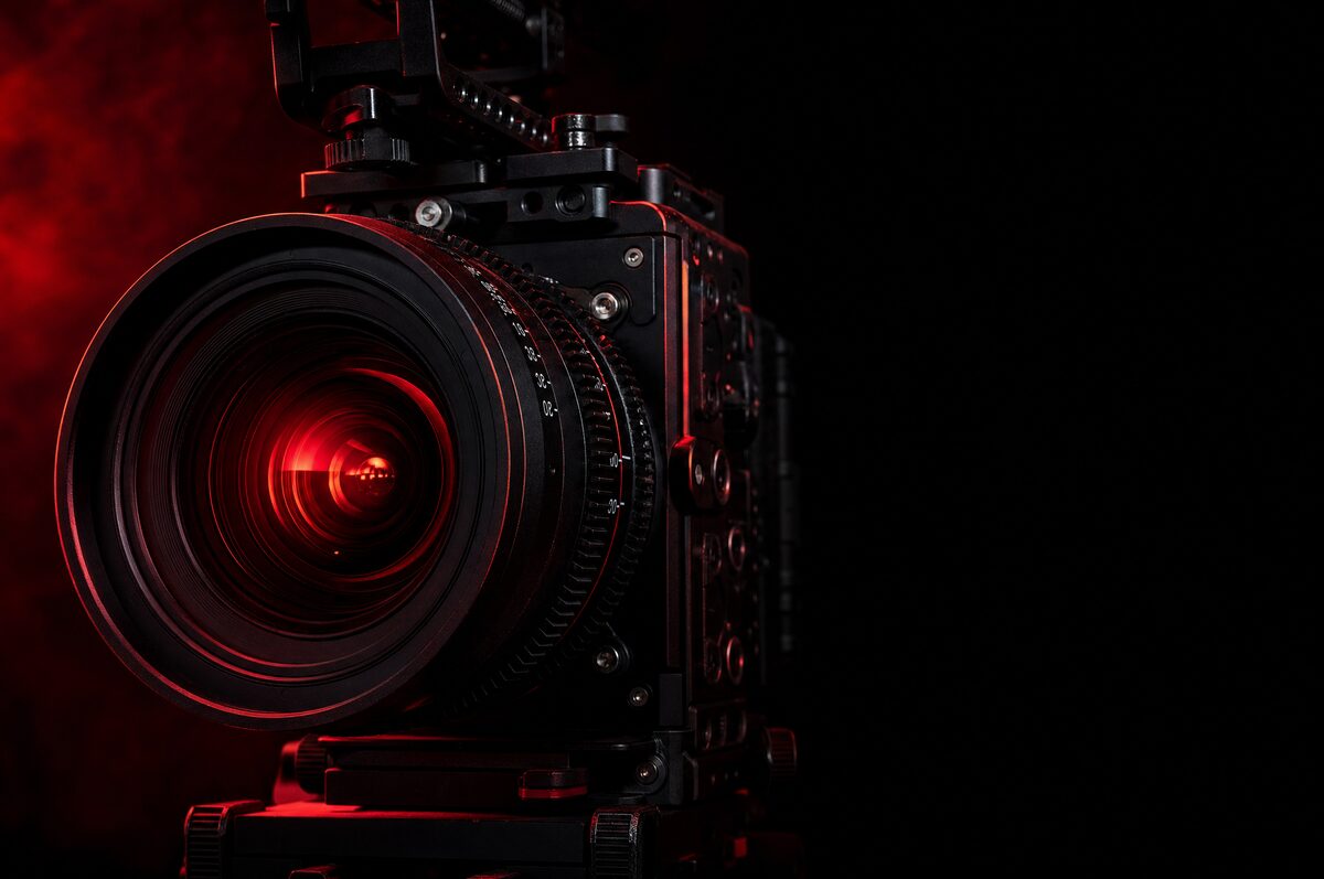 Cinema camera with red-lit lens